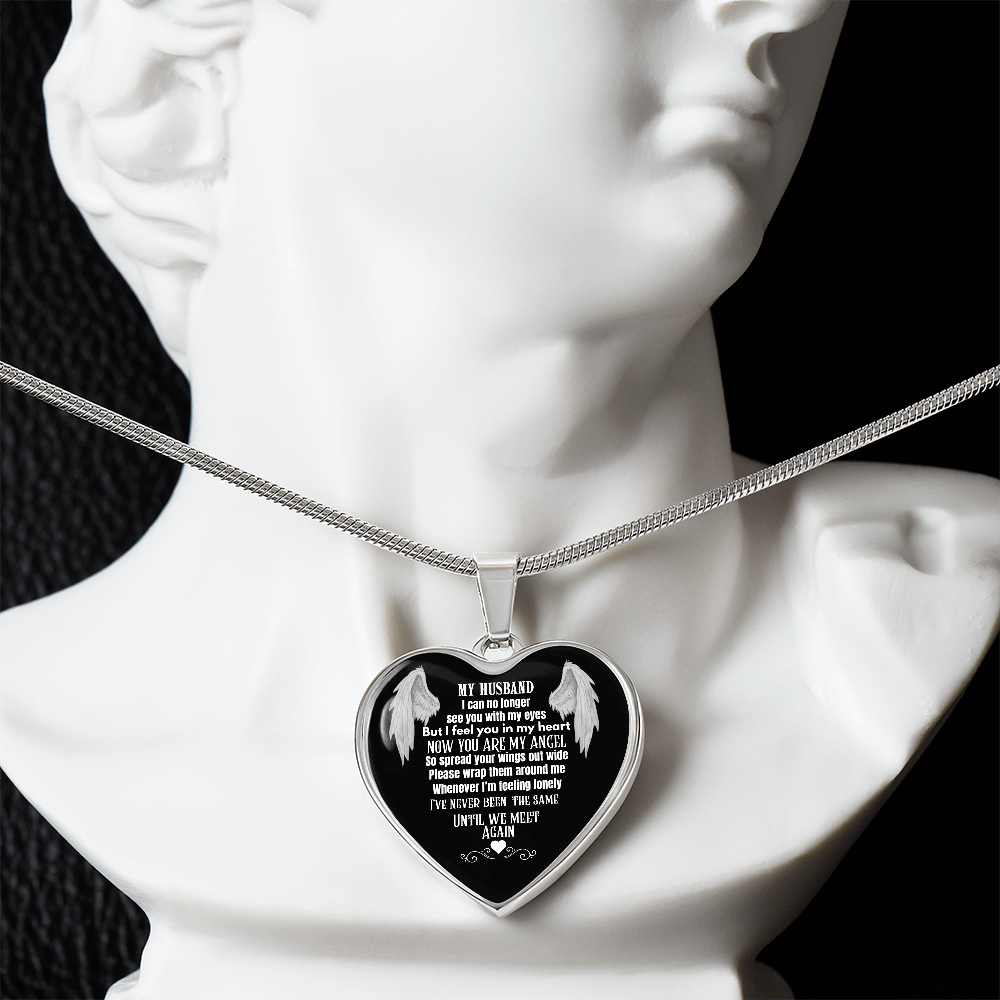 Husband Memorial Heart Pendant Necklace – Angel Memory Keepsake, In Loving Memory Jewelry, Sympathy Gift for Widow