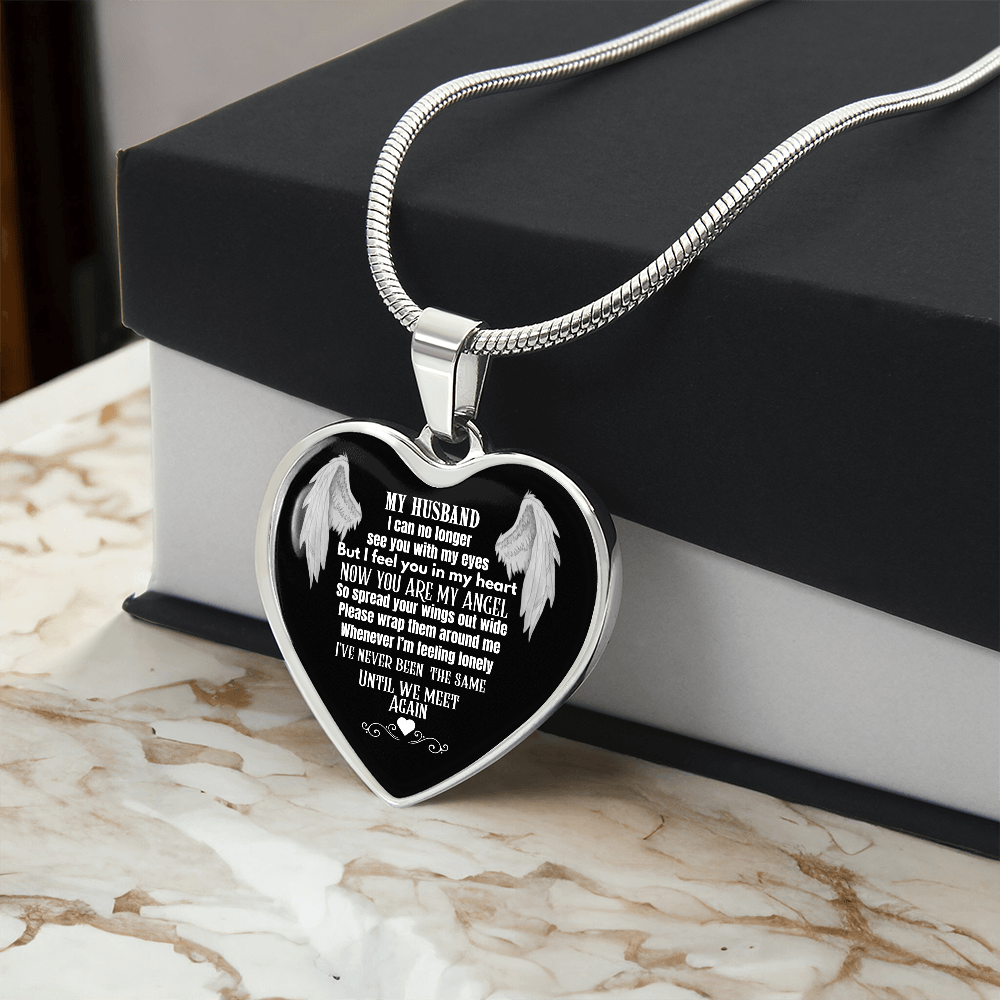 Husband Memorial Heart Pendant Necklace – Angel Memory Keepsake, In Loving Memory Jewelry, Sympathy Gift for Widow