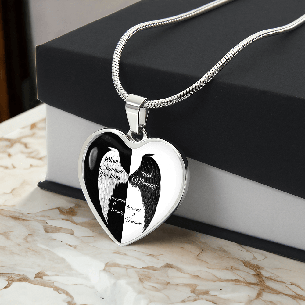 Luxury Graphic Heart Necklace When Someone You love becomes a Memory, black white Angel Wings