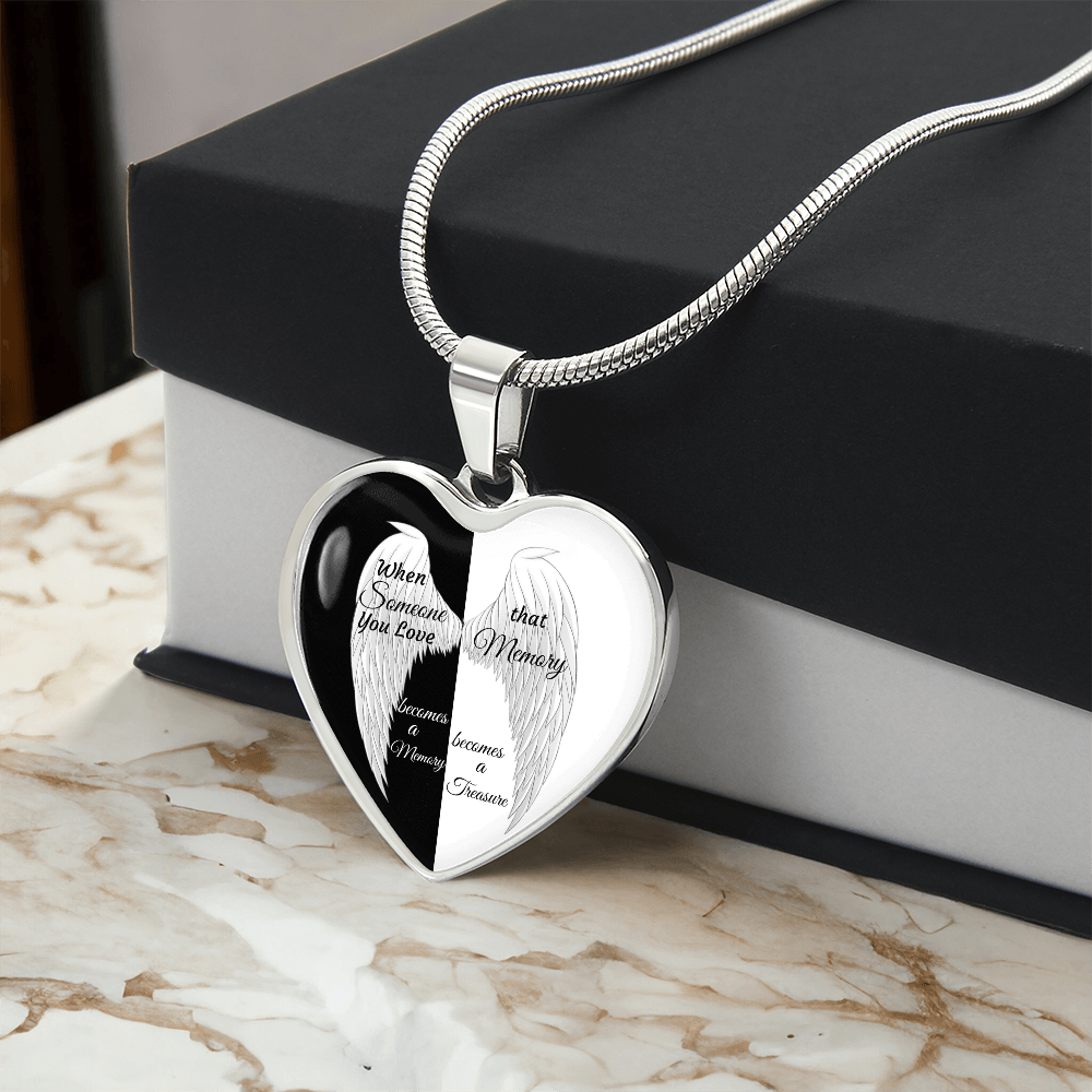 Luxury Graphic Heart Necklace Black and White with White Angel wings