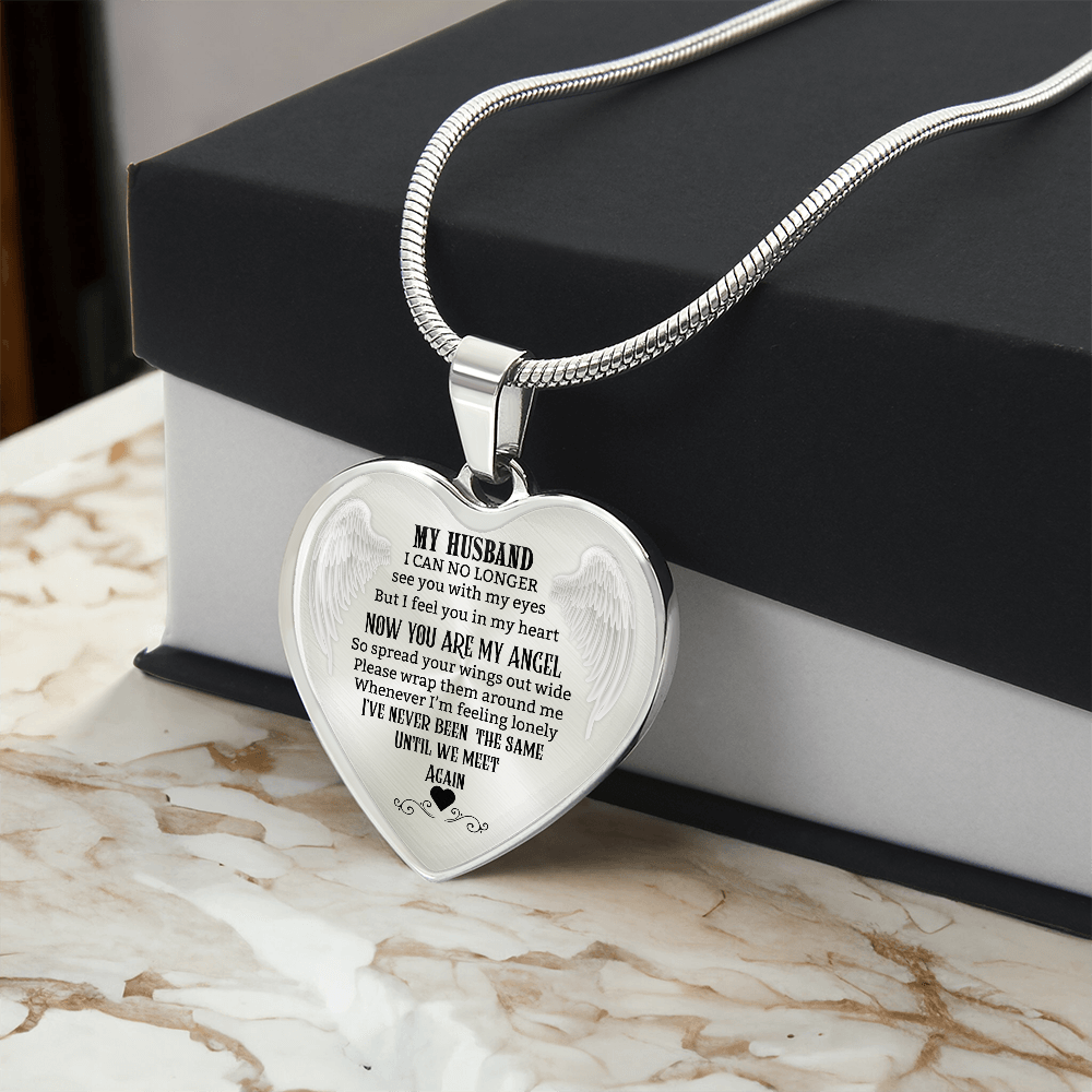 Husband Memorial Heart Necklace, Angel Keepsake Pendant, Loss of Husband Gift, In Loving Memory Jewelry