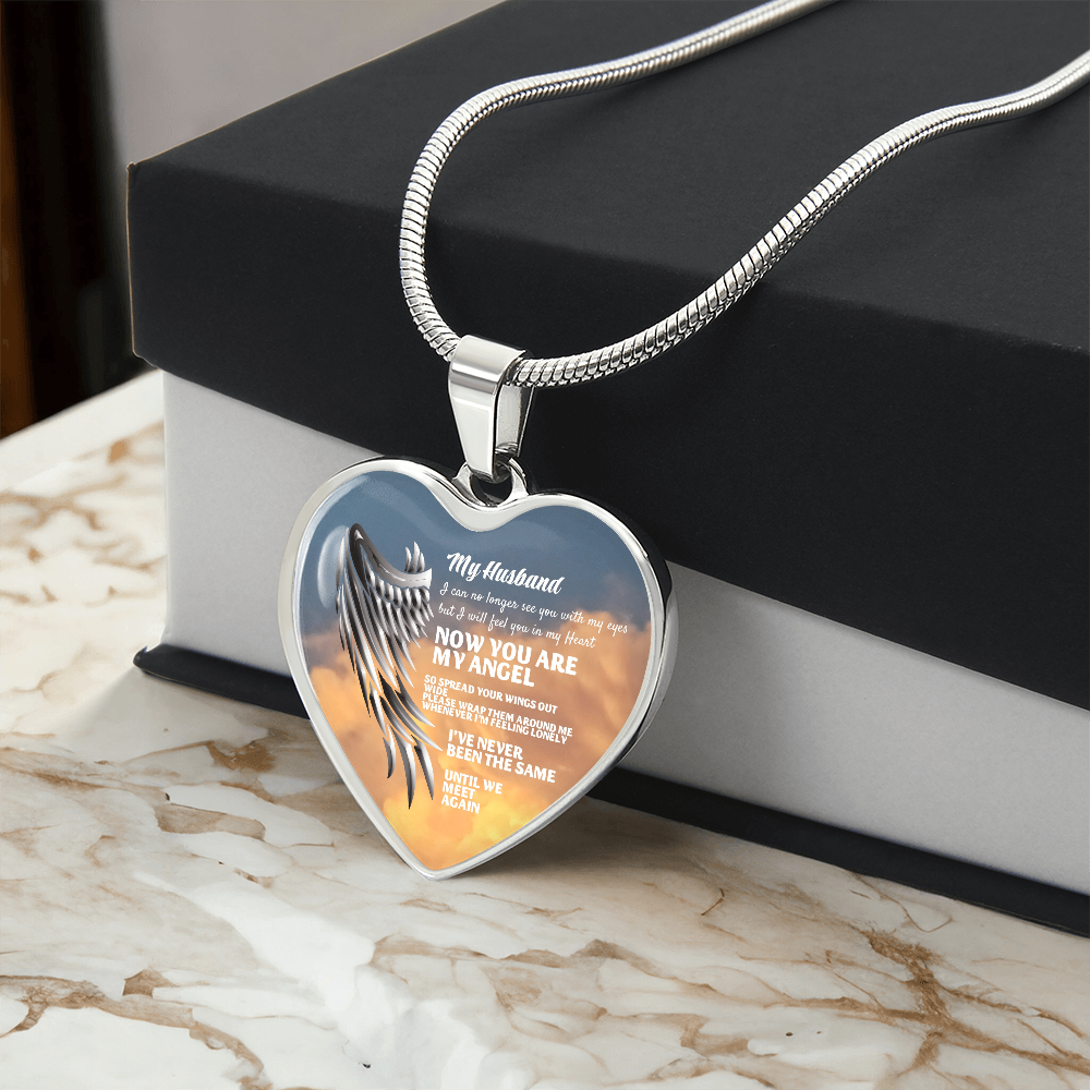 My Husband Now You Are My Angel Necklace, Heart Pendant Tribute, Memorial Jewelry, Keepsake Gift for Wife by ShineOn Fulfillment