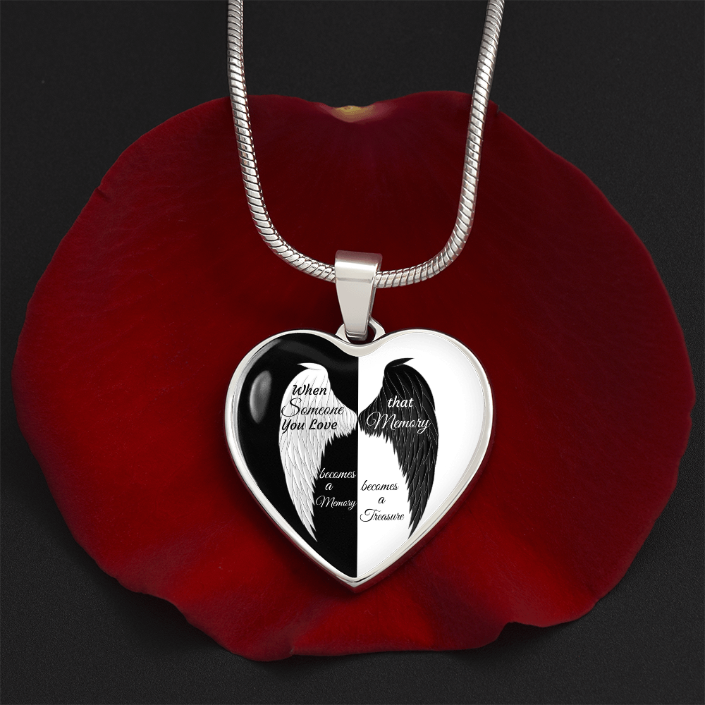 Luxury Graphic Heart Necklace When Someone You love becomes a Memory, black white Angel Wings