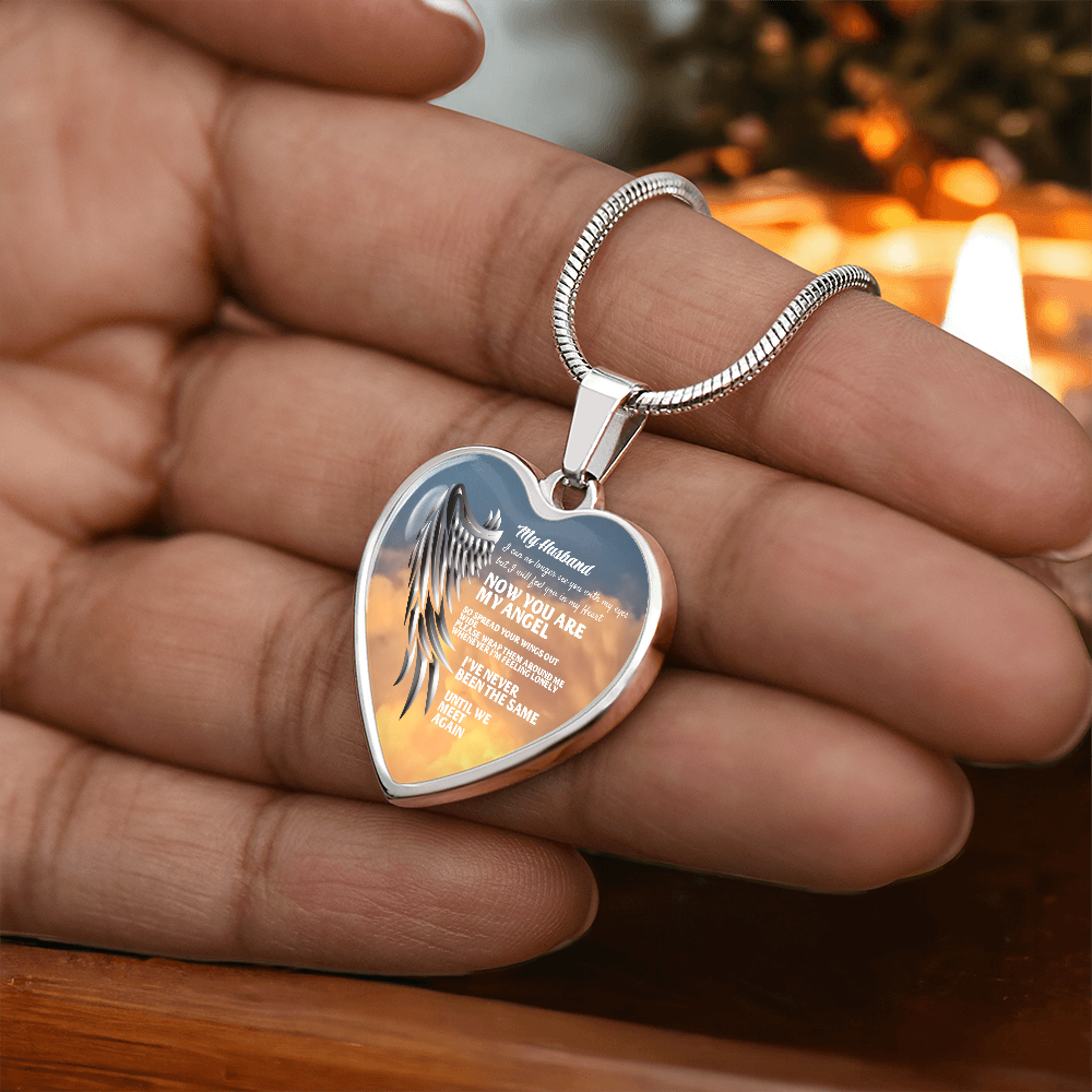 My Husband Now You Are My Angel Necklace, Heart Pendant Tribute, Memorial Jewelry, Keepsake Gift for Wife by ShineOn Fulfillment