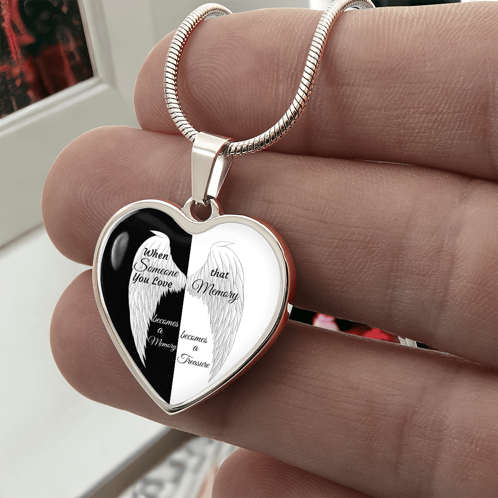 Luxury Graphic Heart Necklace Black and White with White Angel wings