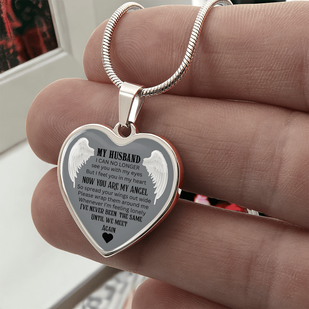 Luxury Graphic Heart Necklace My Husband Until We meet again black letters Angel Wings design