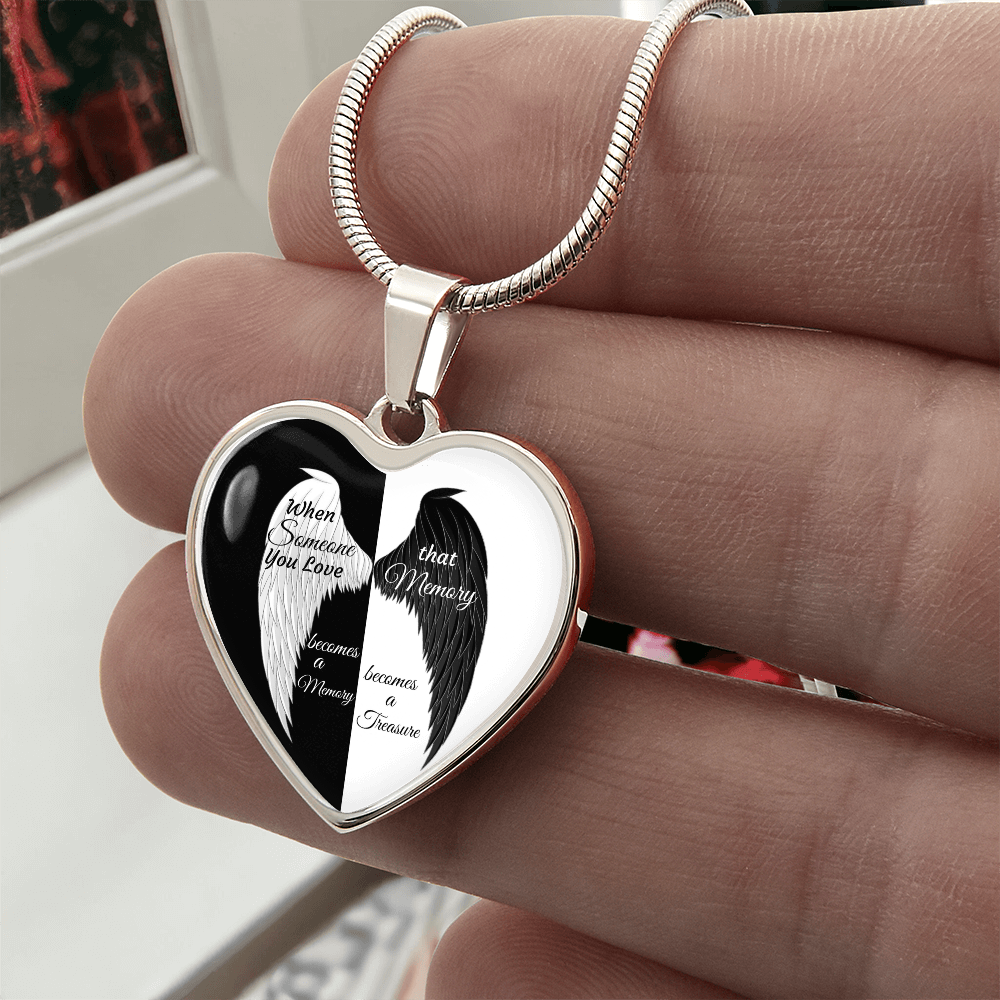 Luxury Graphic Heart Necklace When Someone You love becomes a Memory, black white Angel Wings