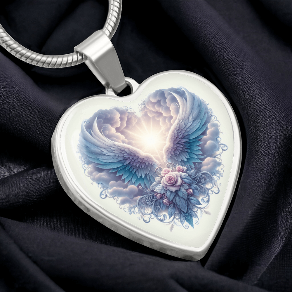 Silver heart pendant necklace with angel wings forming a glowing heart and floral accents.