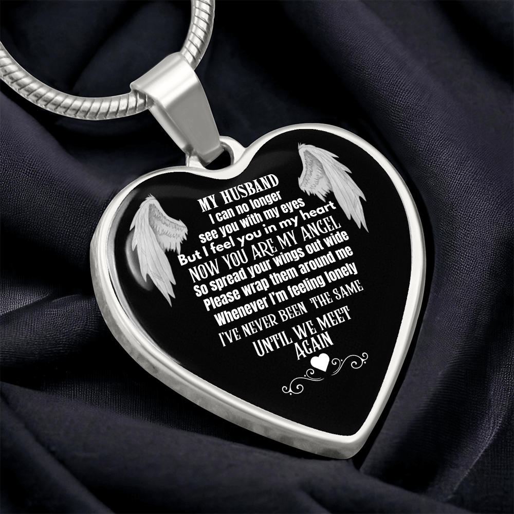Husband Memorial Heart Pendant Necklace – Angel Memory Keepsake, In Loving Memory Jewelry, Sympathy Gift for Widow