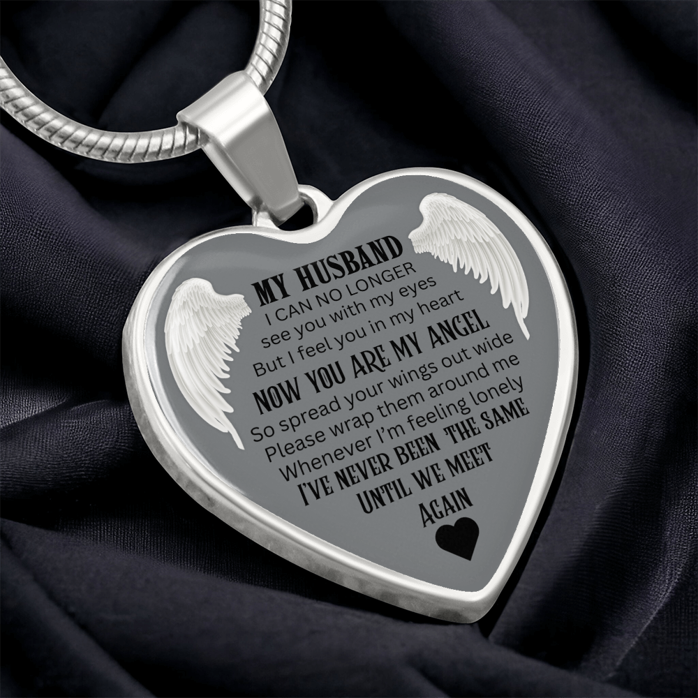 Luxury Graphic Heart Necklace My Husband Until We meet again black letters Angel Wings design