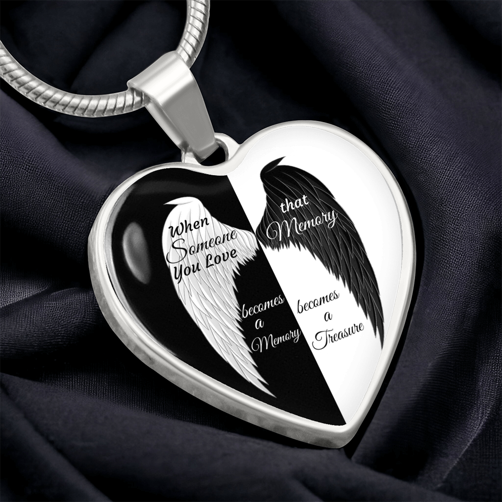 Luxury Graphic Heart Necklace When Someone You love becomes a Memory, black white Angel Wings