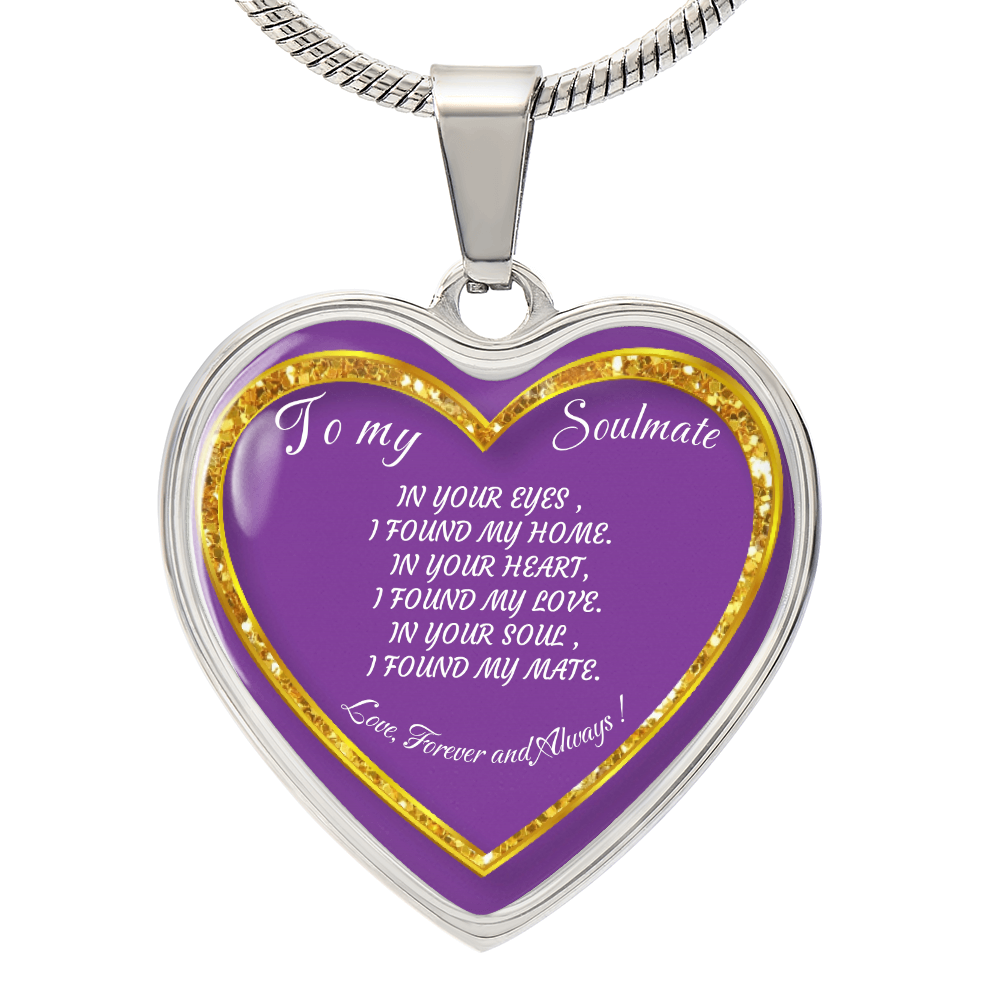 Heart-shaped purple pendant with gold trim and love-themed text.