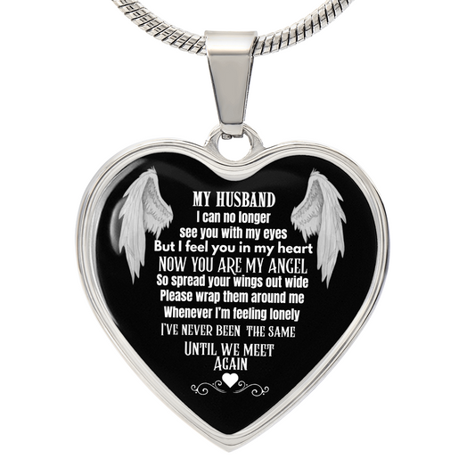 Husband Memorial Heart Pendant Necklace – Angel Memory Keepsake, In Loving Memory Jewelry, Sympathy Gift for Widow