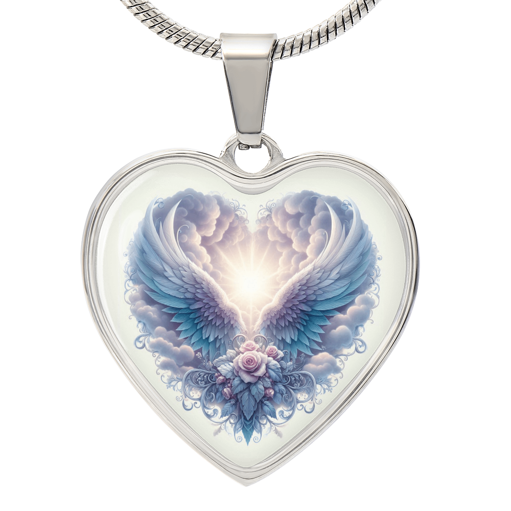 Silver heart-shaped pendant necklace with angel wings and glowing floral graphic centerpiece.