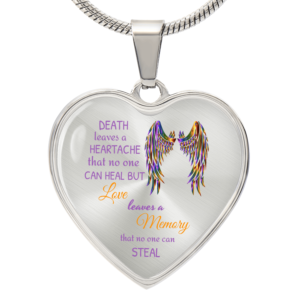 Heart-shaped silver pendant necklace with memorial quote.