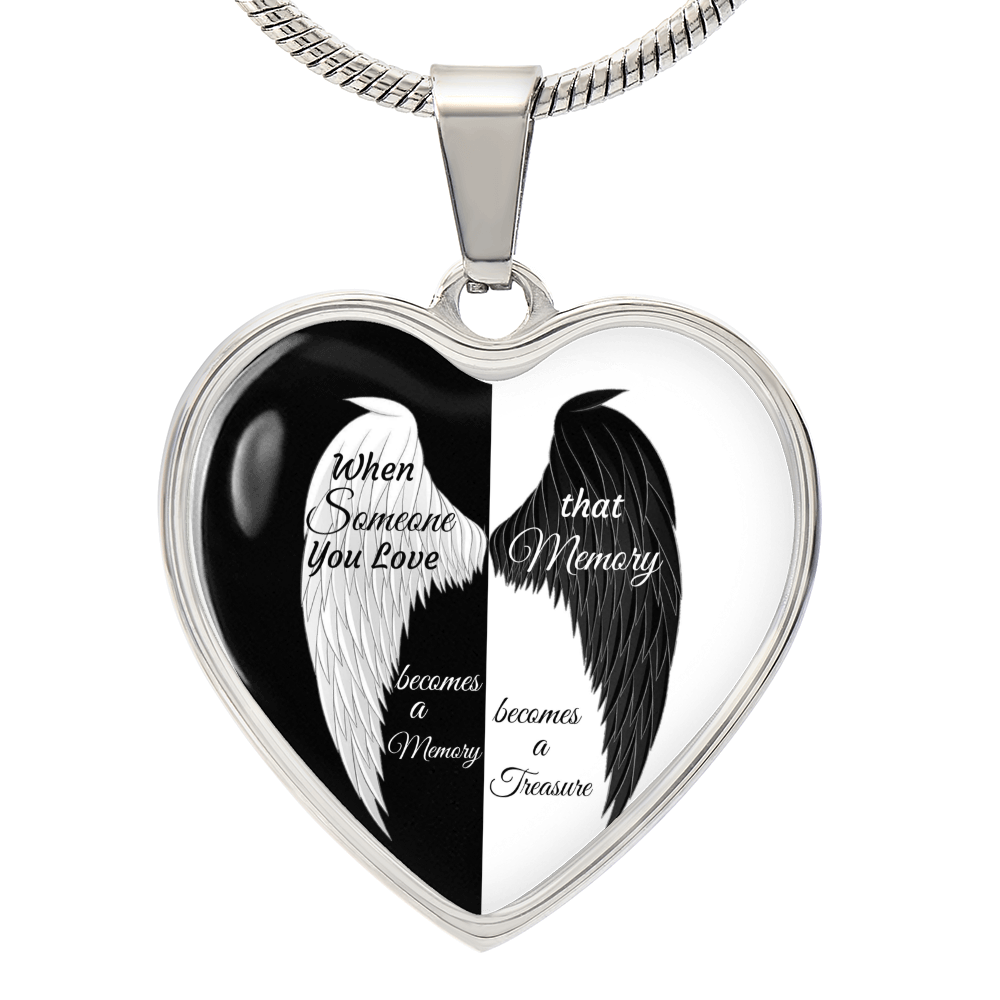 Luxury Graphic Heart Necklace When Someone You love becomes a Memory, black white Angel Wings