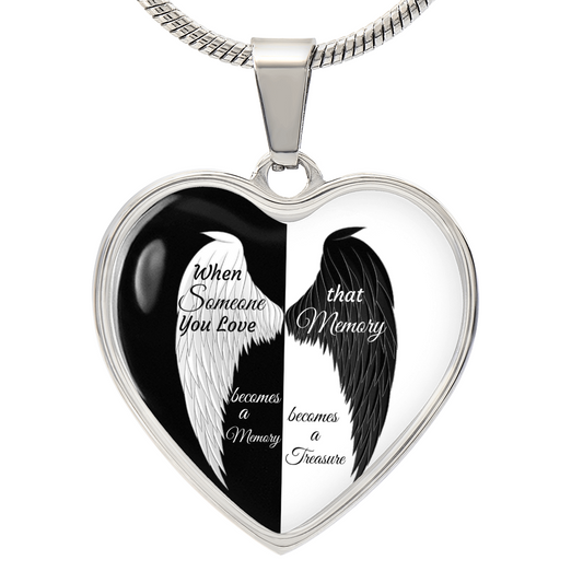 Luxury Graphic Heart Necklace When Someone You love becomes a Memory, black white Angel Wings