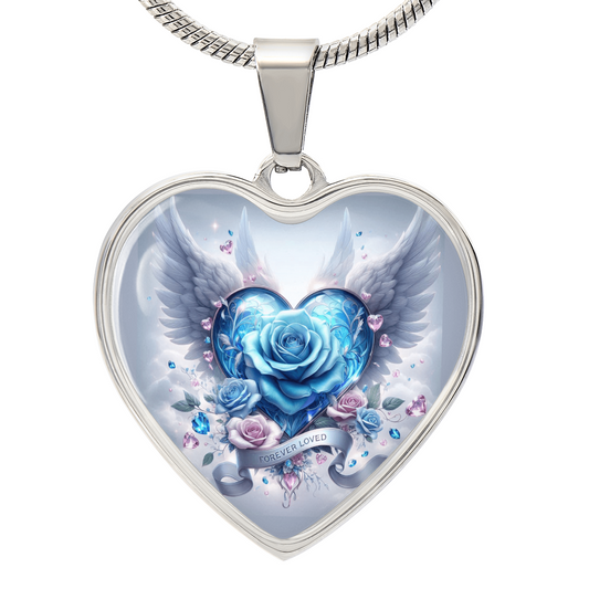 Silver heart-shaped pendant necklace featuring a blue rose heart with angel wings and pink roses.
