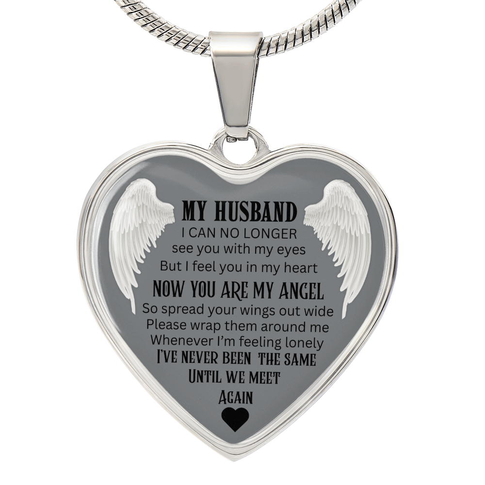 Luxury Graphic Heart Necklace My Husband Until We meet again black letters Angel Wings design