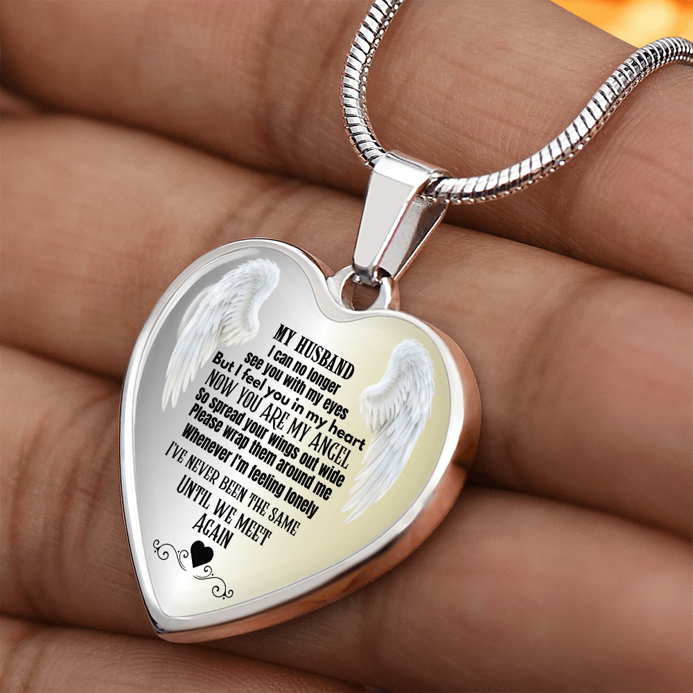 Husband Memorial Heart Pendant Necklace Angel Keepsake Jewelry for Widows In Loving Memory Gift Personalized Loss Remembrance Jewelry