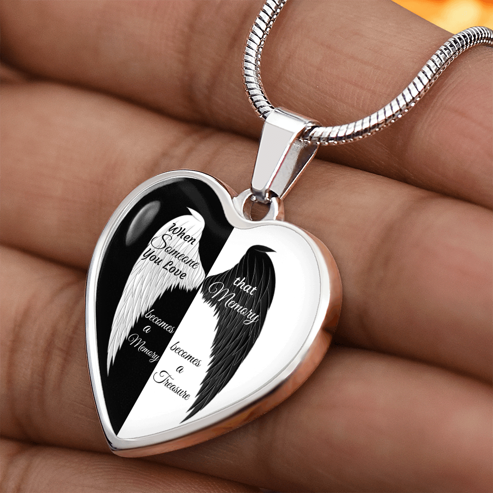 Luxury Graphic Heart Necklace When Someone You love becomes a Memory, black white Angel Wings
