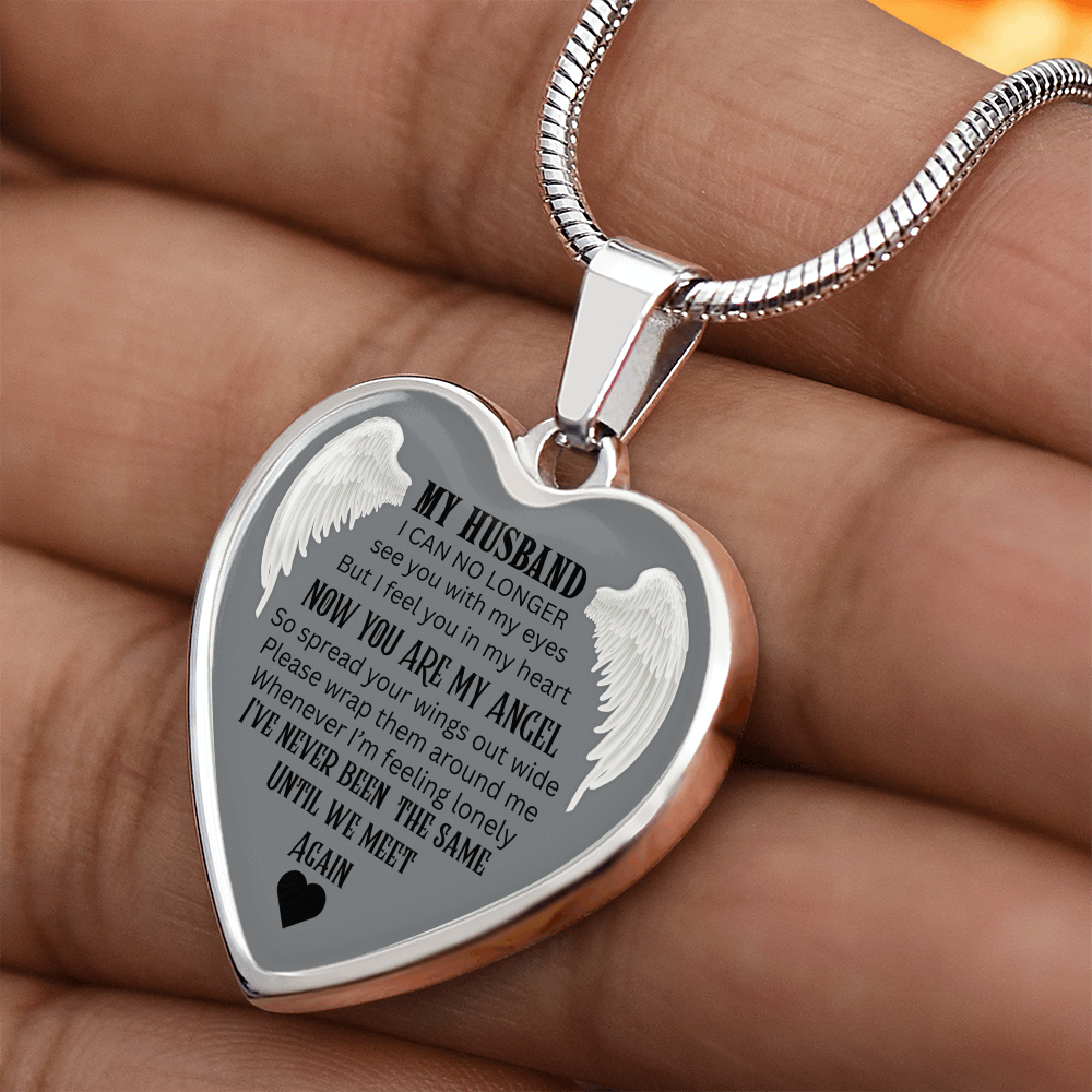 Luxury Graphic Heart Necklace My Husband Until We meet again black letters Angel Wings design