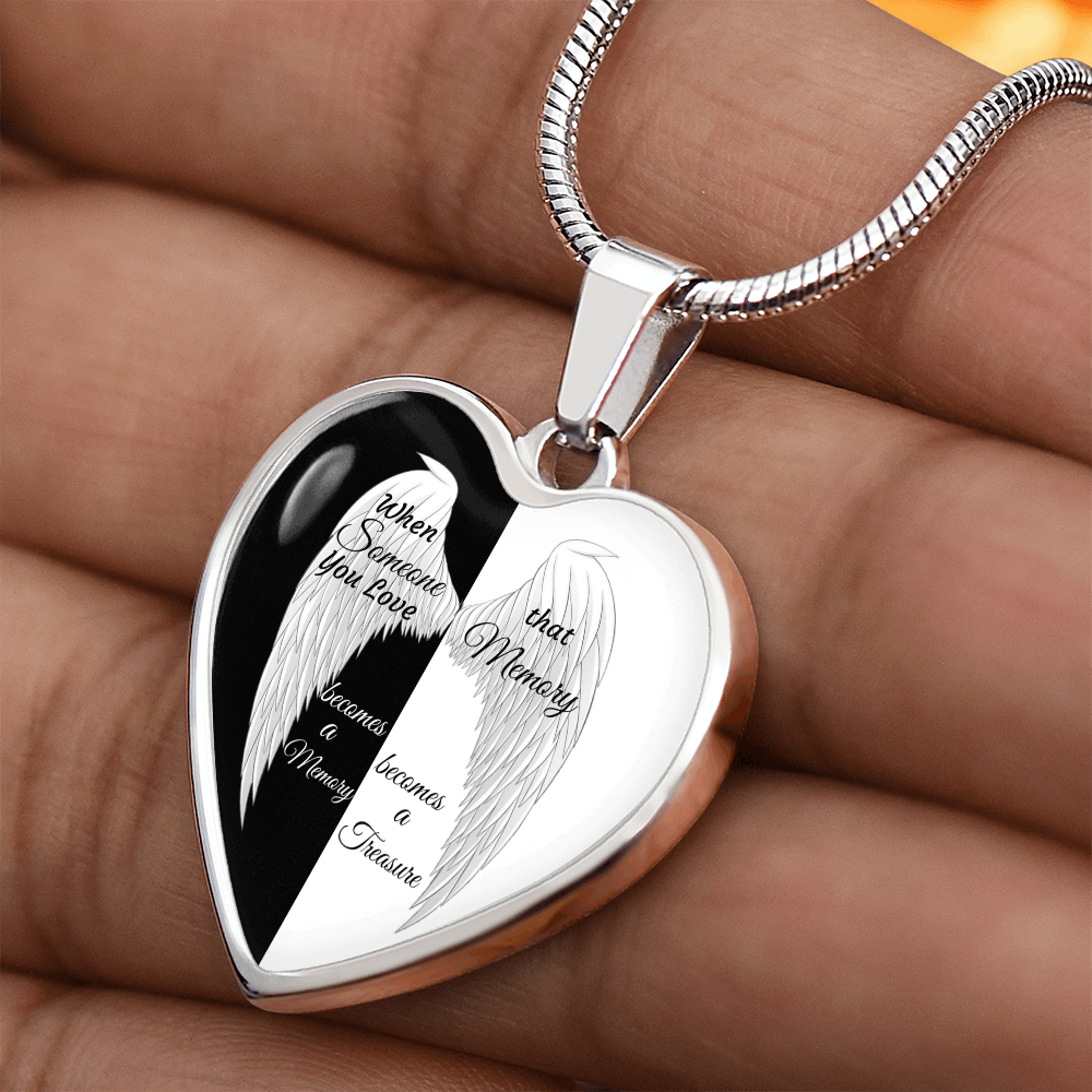 Luxury Graphic Heart Necklace Black and White with White Angel wings