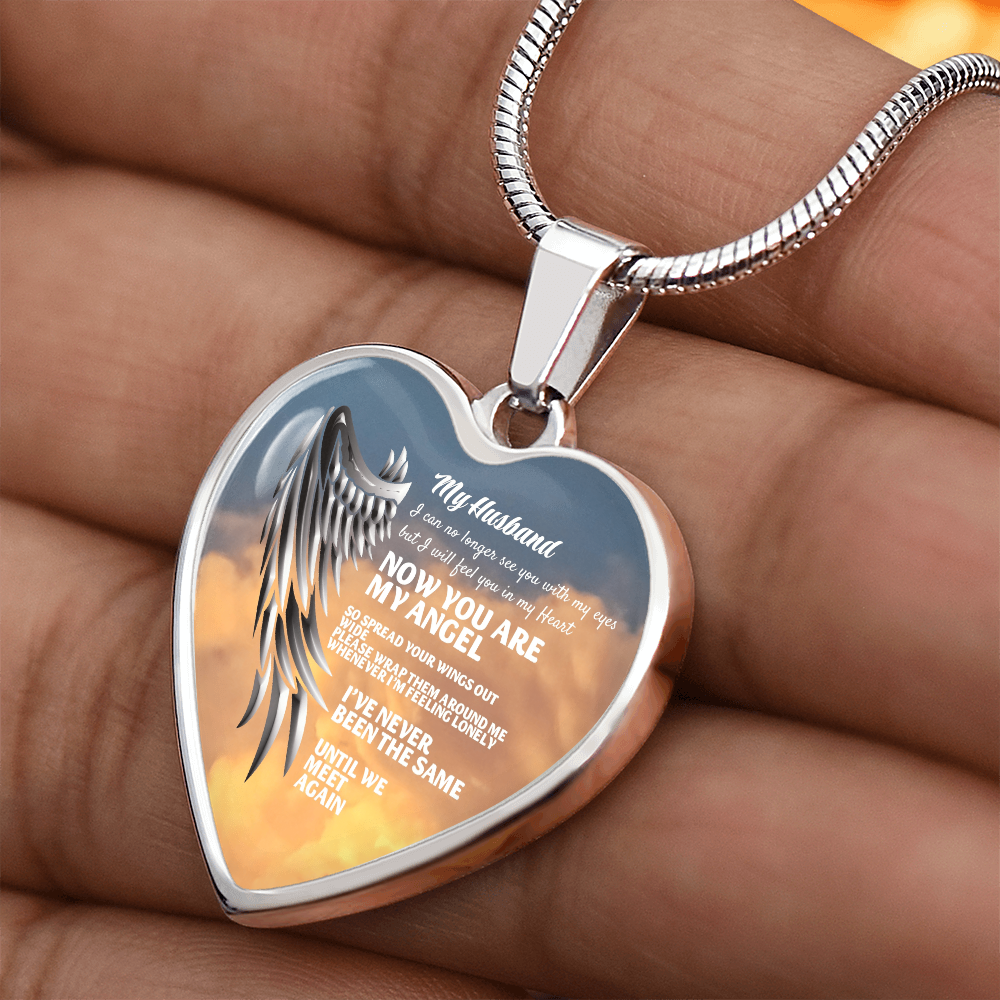 My Husband Now You Are My Angel Necklace, Heart Pendant Tribute, Memorial Jewelry, Keepsake Gift for Wife by ShineOn Fulfillment