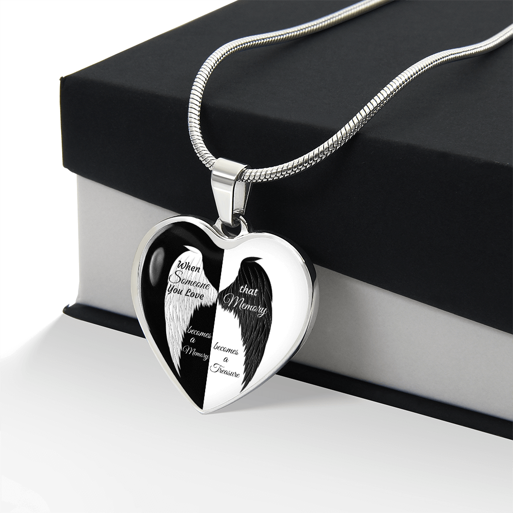Luxury Graphic Heart Necklace When Someone You love becomes a Memory, black white Angel Wings