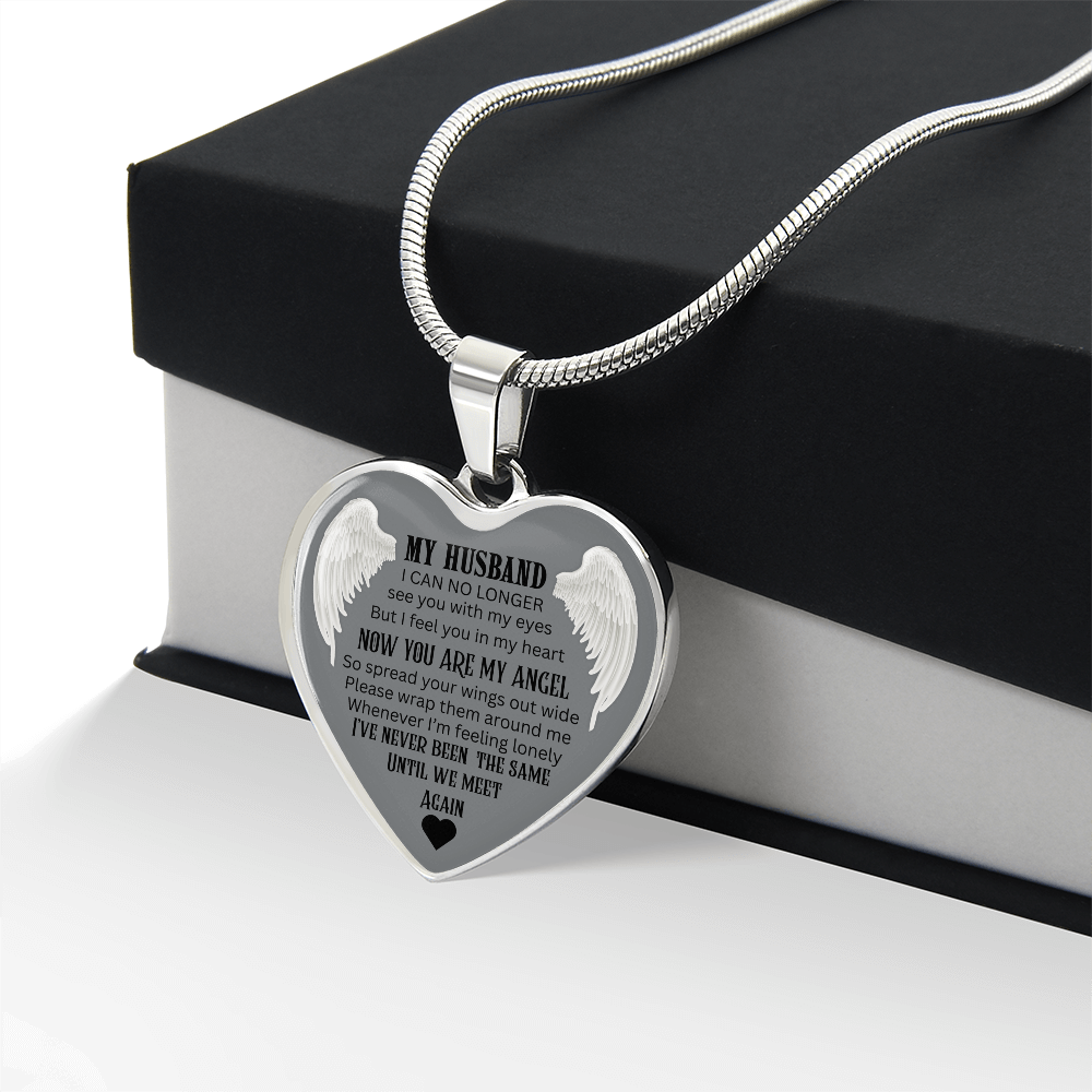 Luxury Graphic Heart Necklace My Husband Until We meet again black letters Angel Wings design