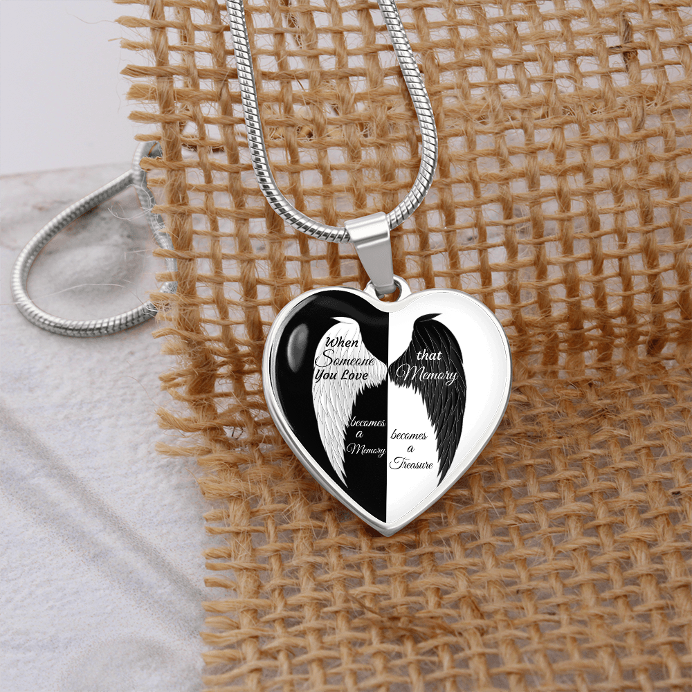 Luxury Graphic Heart Necklace When Someone You love becomes a Memory, black white Angel Wings