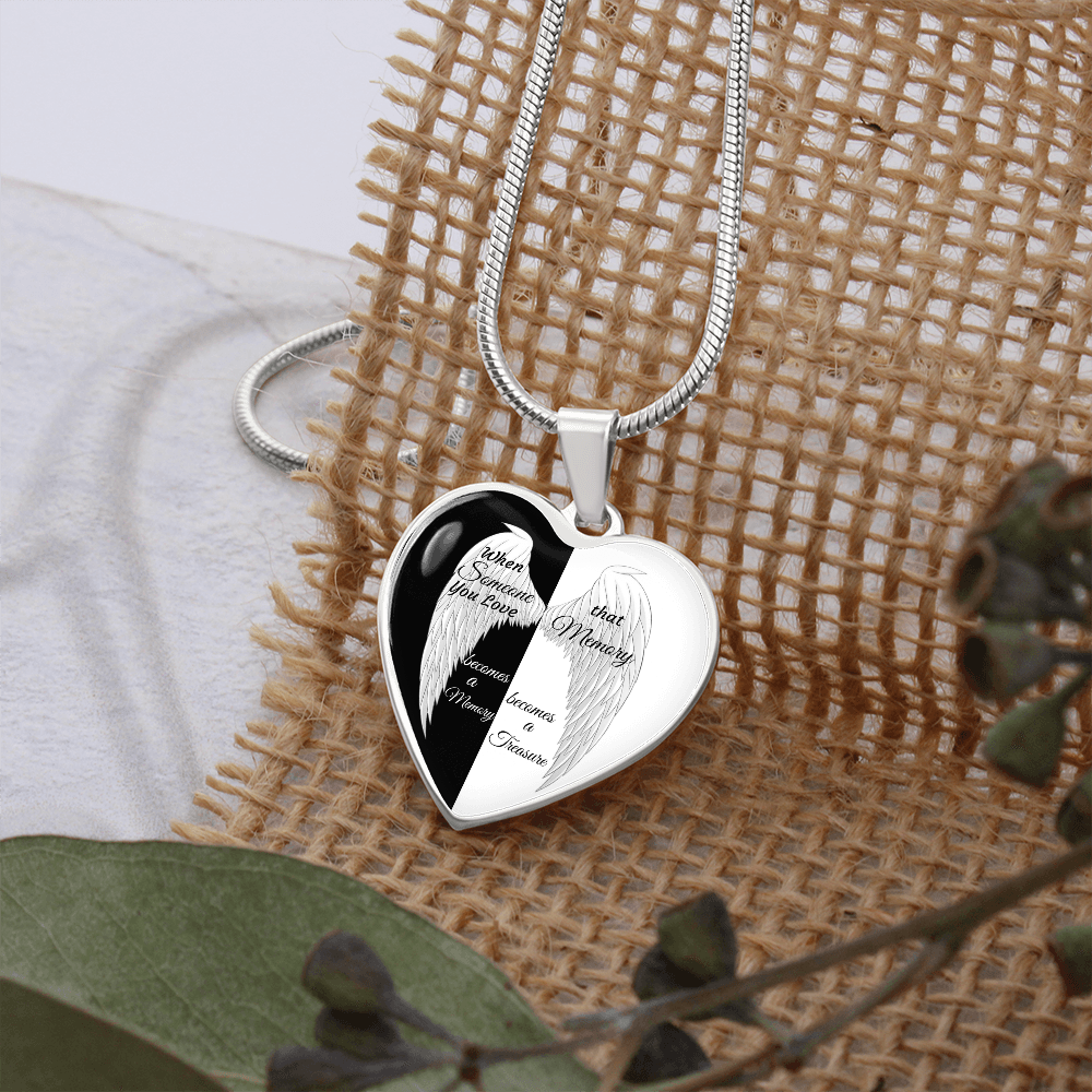 Luxury Graphic Heart Necklace Black and White with White Angel wings