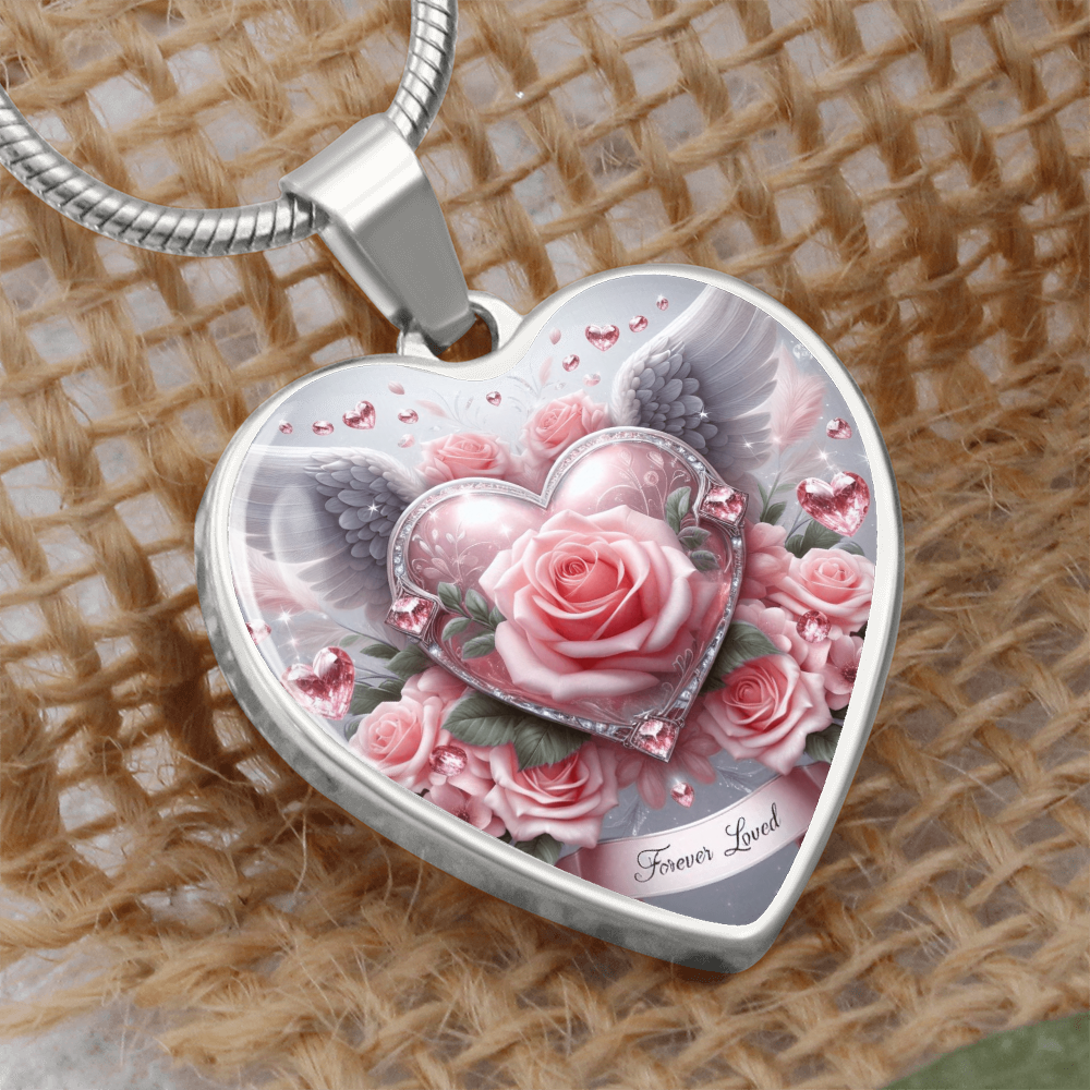 Luxury Graphic Heart Necklace Forever Love Pink Rose Angel Wings by ShineOn Fulfillment