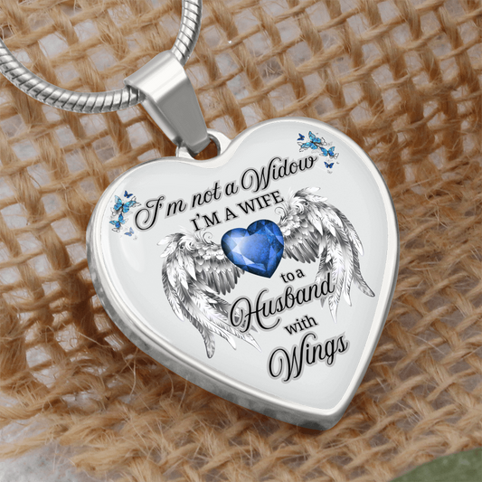 Husband in Heaven Memorial Necklace – “Wife to a Husband with Wings” Heart Pendant Gift