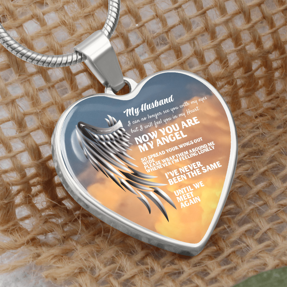 My Husband Now You Are My Angel Necklace, Heart Pendant Tribute, Memorial Jewelry, Keepsake Gift for Wife by ShineOn Fulfillment