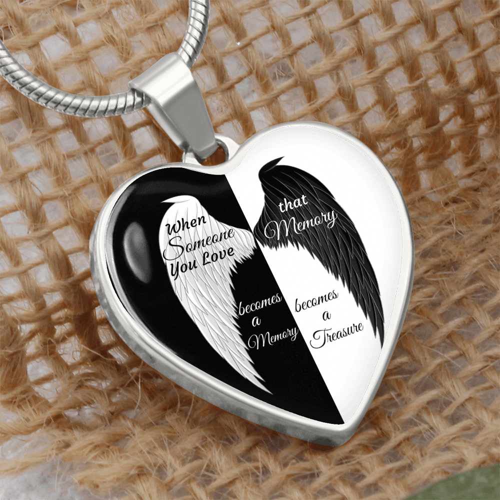 Luxury Graphic Heart Necklace When Someone You love becomes a Memory, black white Angel Wings