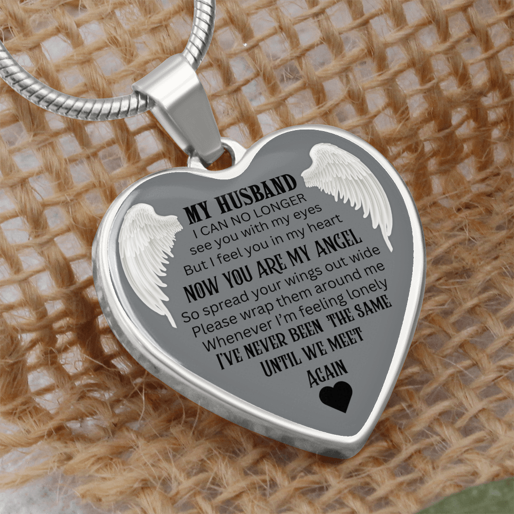 Luxury Graphic Heart Necklace My Husband Until We meet again black letters Angel Wings design