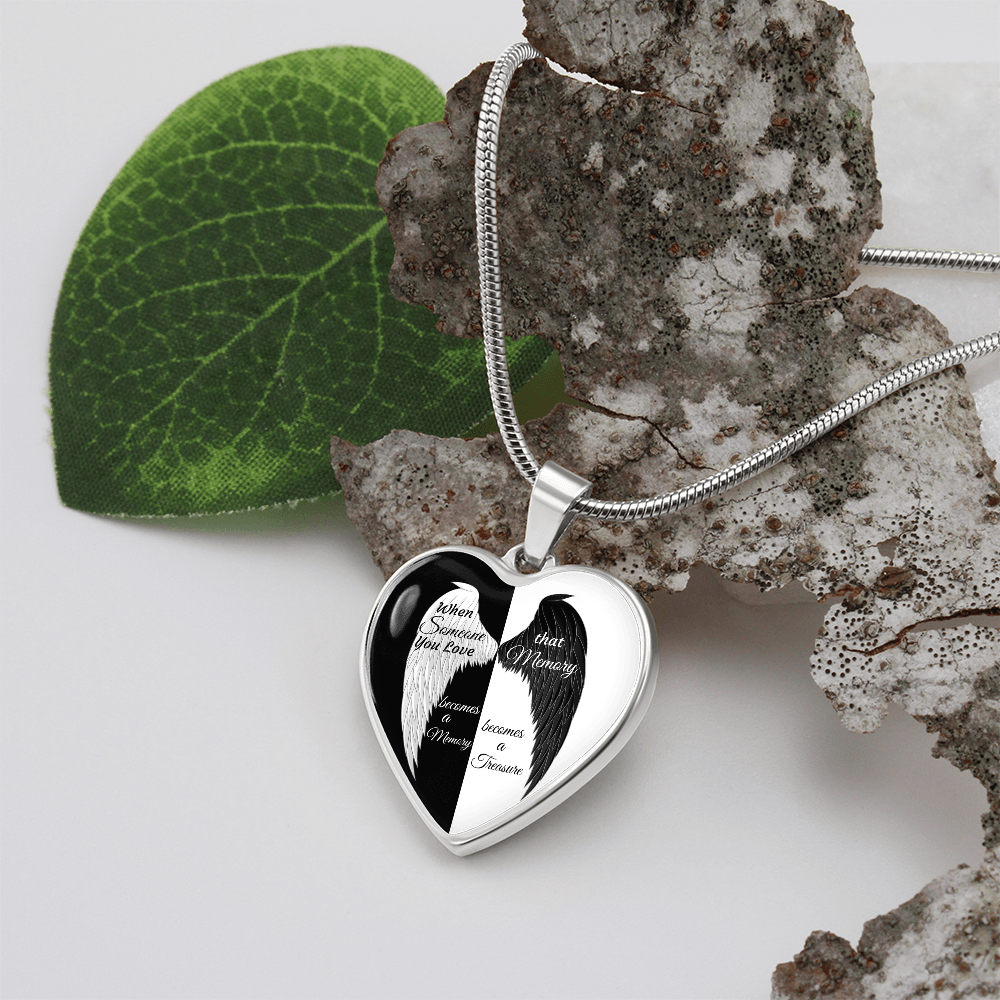 Luxury Graphic Heart Necklace When Someone You love becomes a Memory, black white Angel Wings