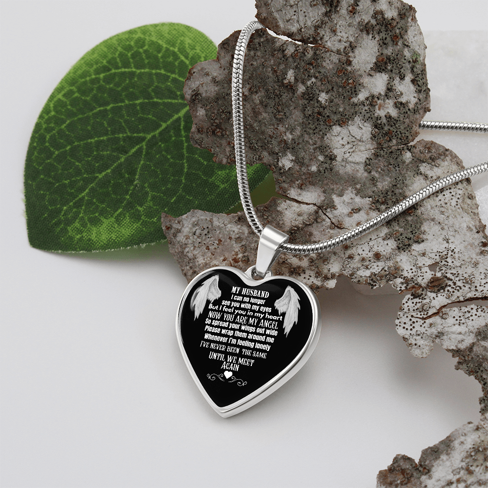 Husband Memorial Heart Pendant Necklace – Angel Memory Keepsake, In Loving Memory Jewelry, Sympathy Gift for Widow