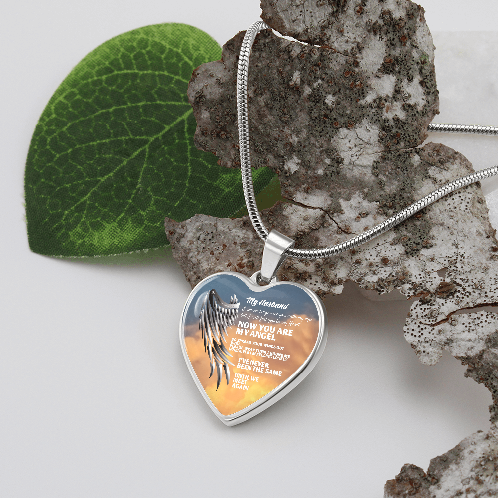 My Husband Now You Are My Angel Necklace, Heart Pendant Tribute, Memorial Jewelry, Keepsake Gift for Wife by ShineOn Fulfillment