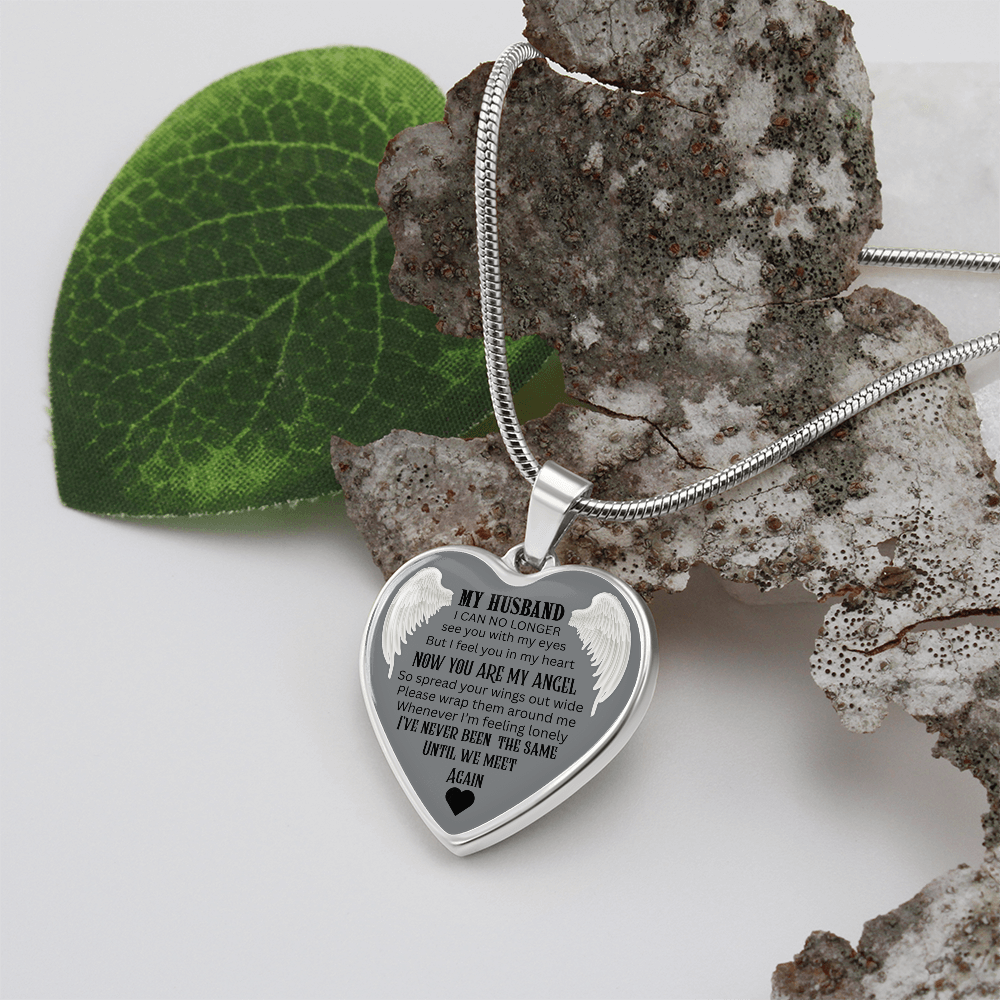 Luxury Graphic Heart Necklace My Husband Until We meet again black letters Angel Wings design