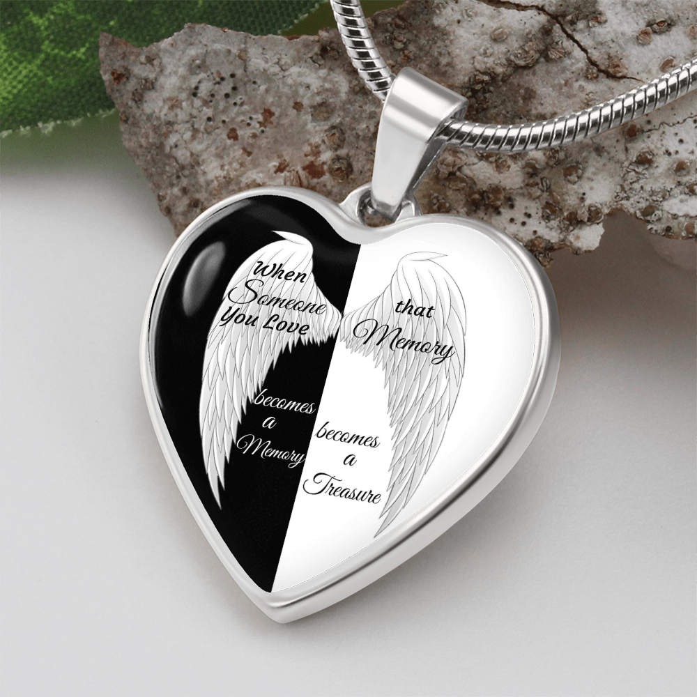 Luxury Graphic Heart Necklace Black and White with White Angel wings