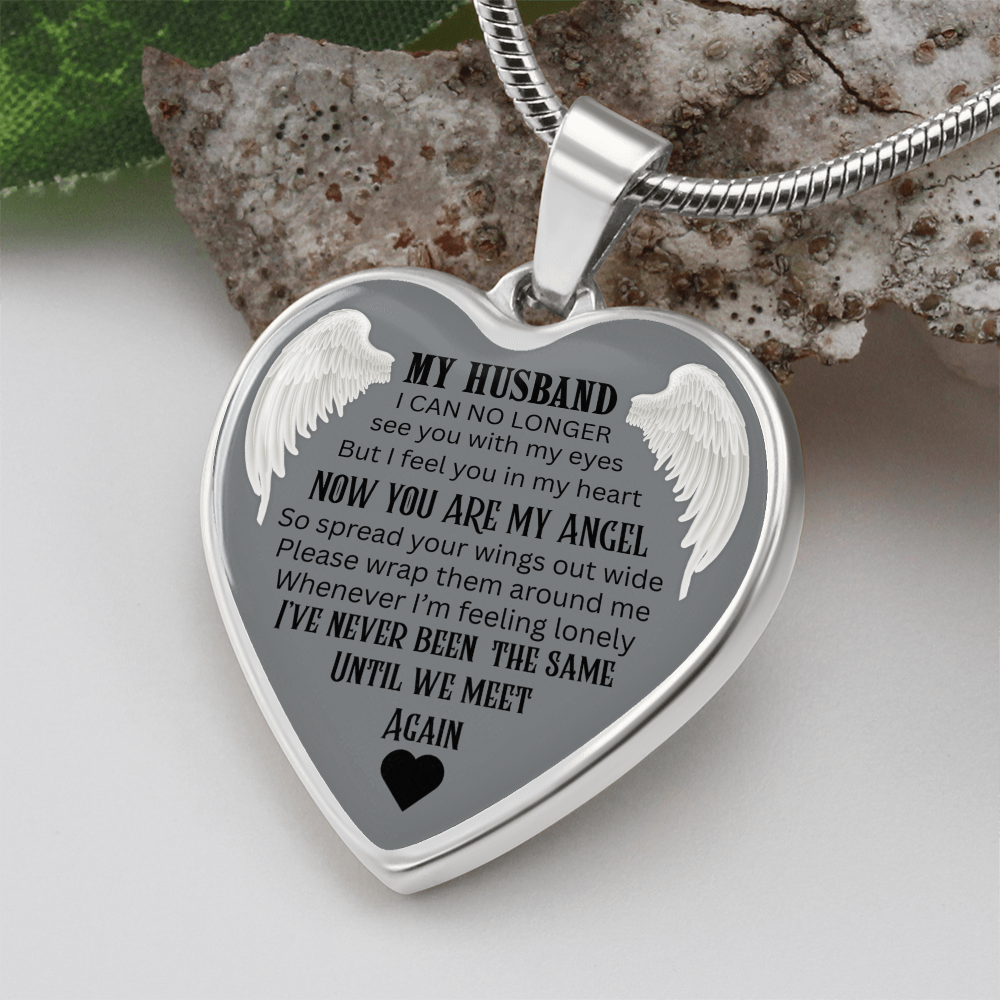 Luxury Graphic Heart Necklace My Husband Until We meet again black letters Angel Wings design