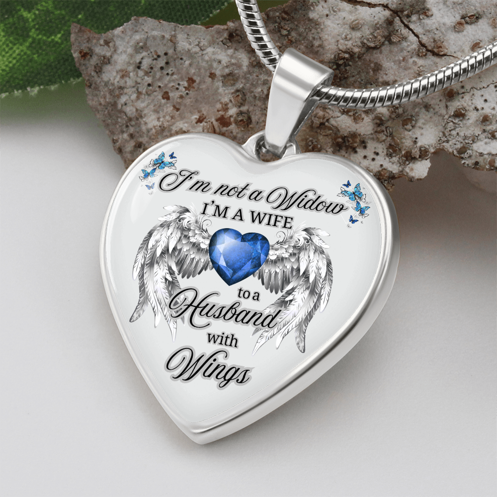 Husband in Heaven Memorial Necklace – “Wife to a Husband with Wings” Heart Pendant Gift