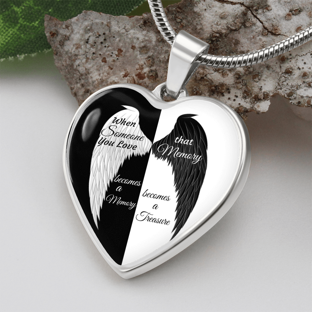 Luxury Graphic Heart Necklace When Someone You love becomes a Memory, black white Angel Wings