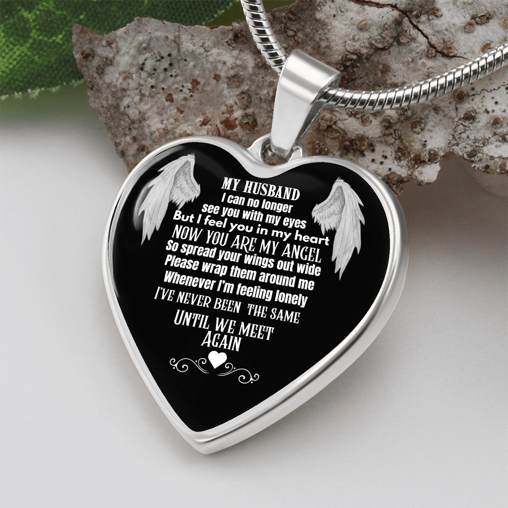 Husband Memorial Heart Pendant Necklace – Angel Memory Keepsake, In Loving Memory Jewelry, Sympathy Gift for Widow