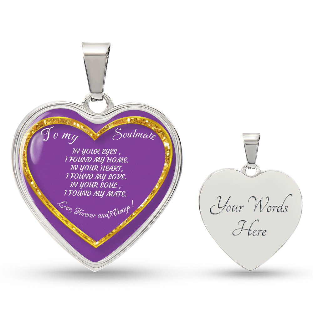 Silver heart pendant with purple background and gold trim, beside silver heart pendant with space for personalized text.