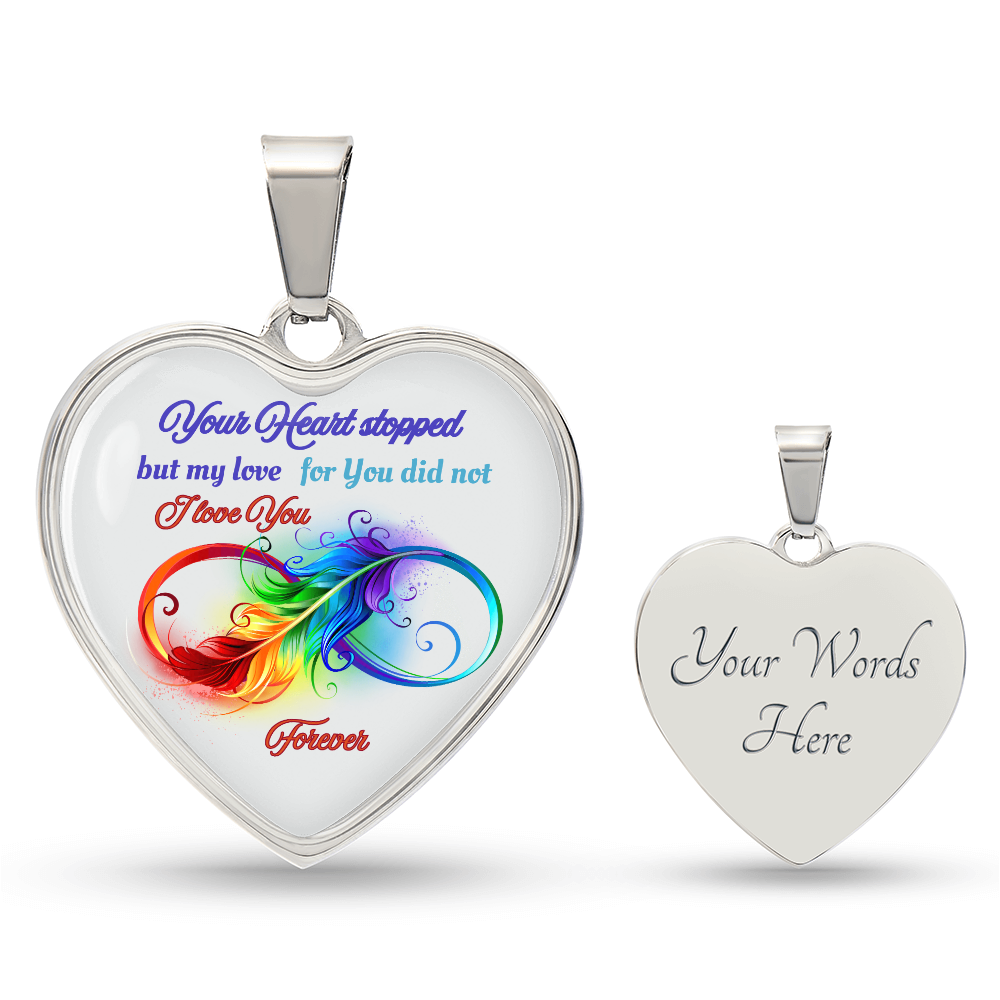 Silver heart pendant necklace with colorful swirl design and sentimental engraved message.