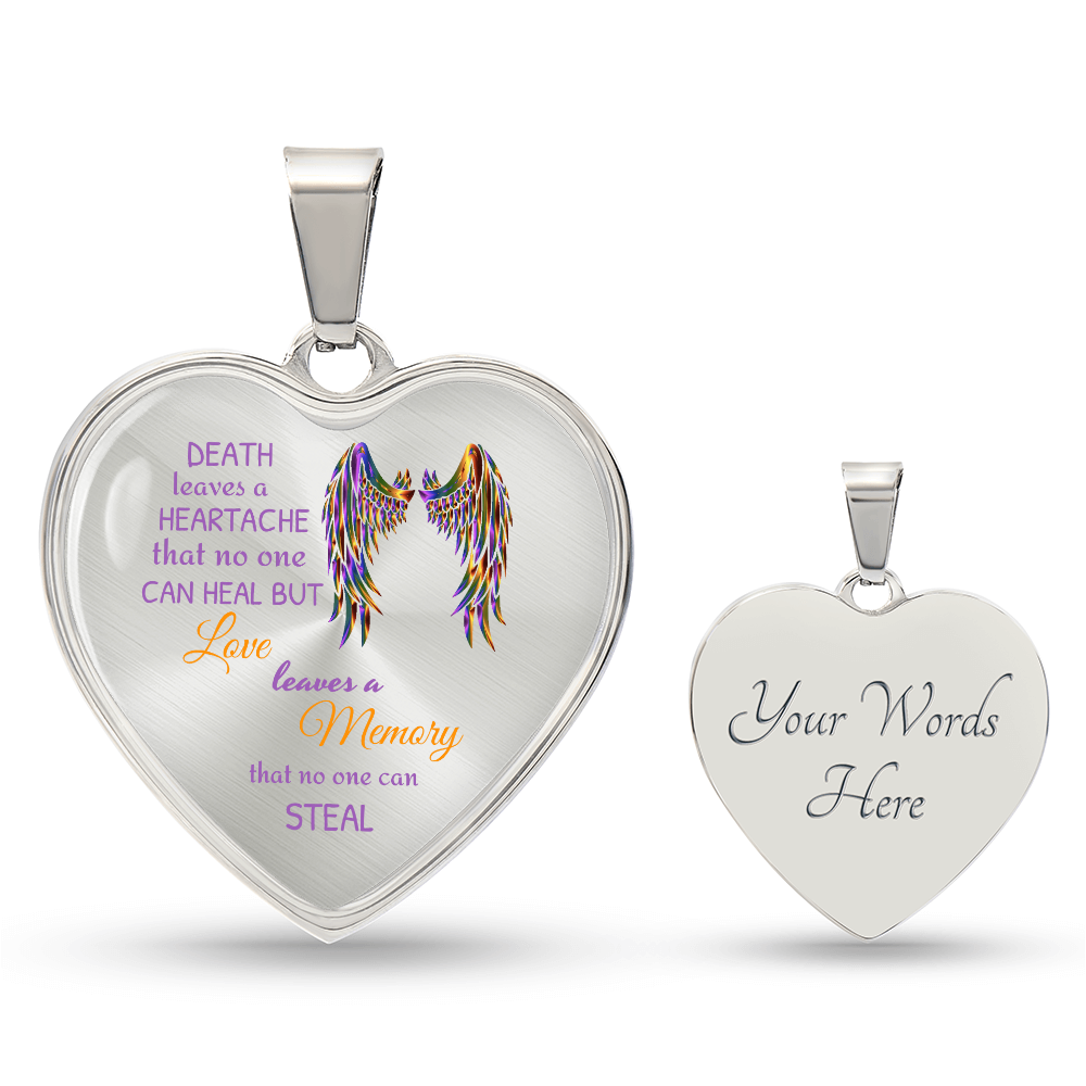 Heart-shaped memorial pendants with colorful wings and inscriptions on a white background.