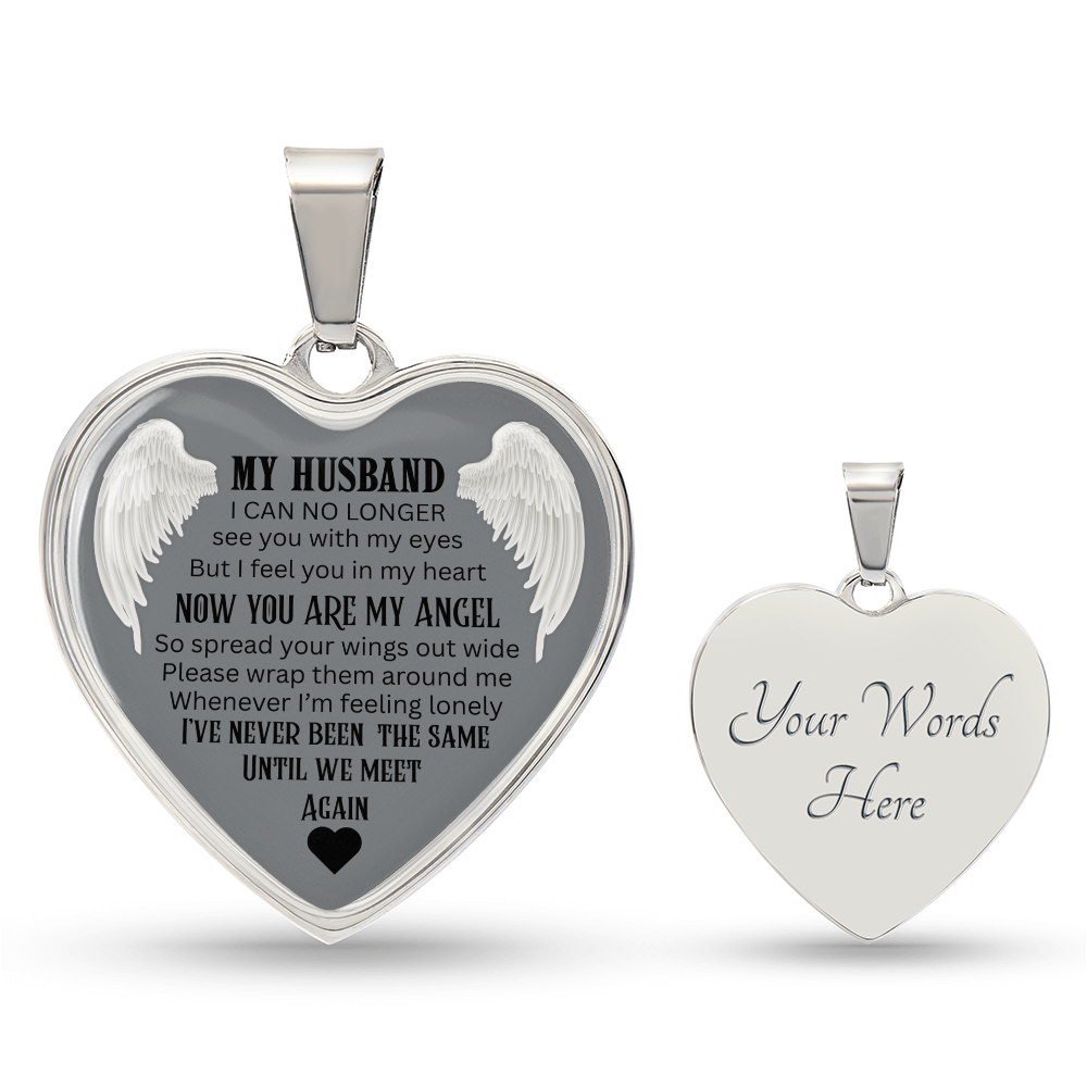 Luxury Graphic Heart Necklace My Husband Until We meet again black letters Angel Wings design